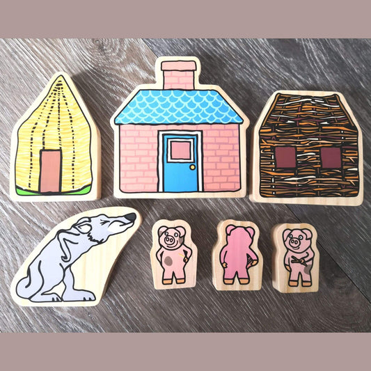 Three little pigs characters wooden play set